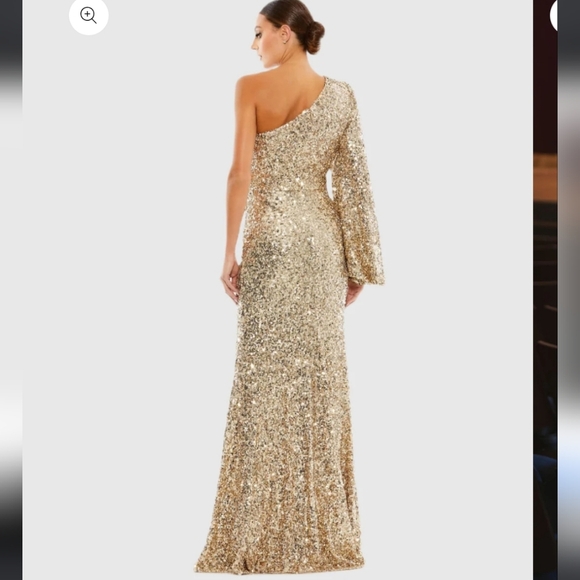 NWT!! IEENA- Mac Duggal,Sequined One Shoulder Bishop Sleeve Trumpet Gown, Gold - Picture 3 of 14